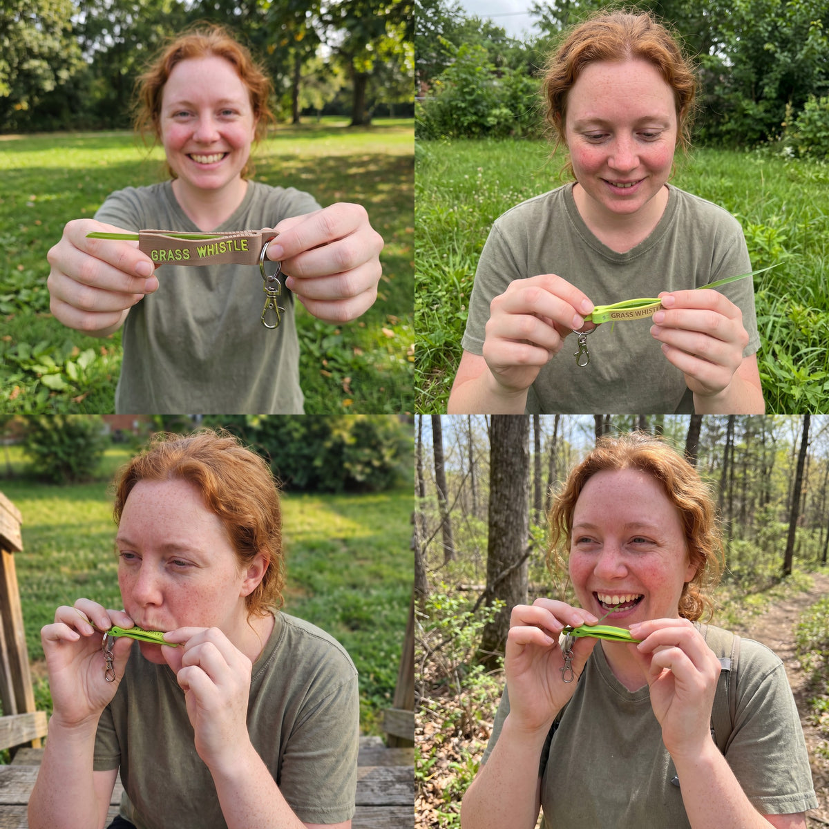 Four photos of a woman threading a blade of grass into the grass whistle keychain and blowing it
