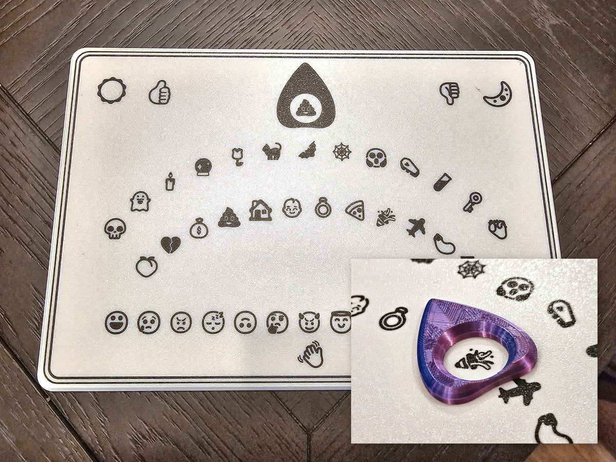 Real photo of the printed white emoji spirit board from above, with a close-up of the purple and blue planchette