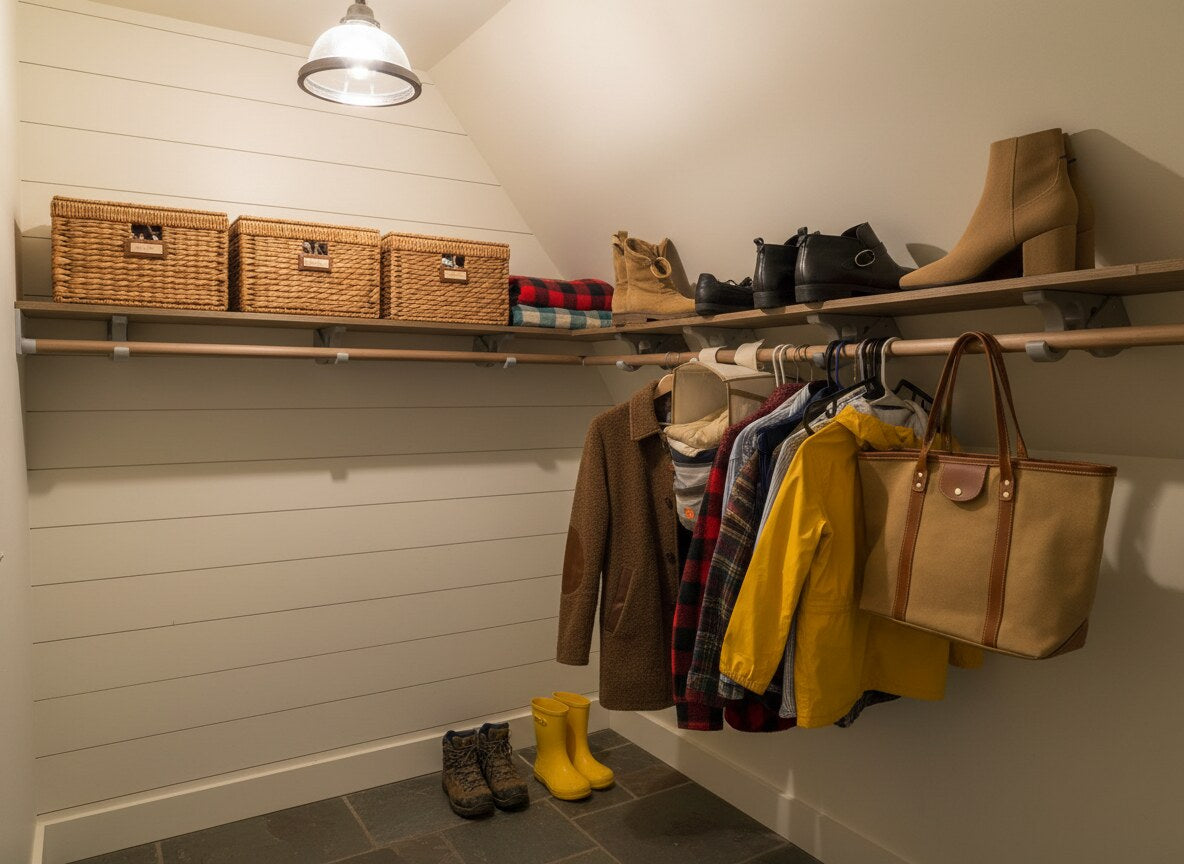 Adjustable Angled Shelf Bracket for Slanted Walls — Attic Closet Organizer with Hanging Rod | 3D Printed (Pair)