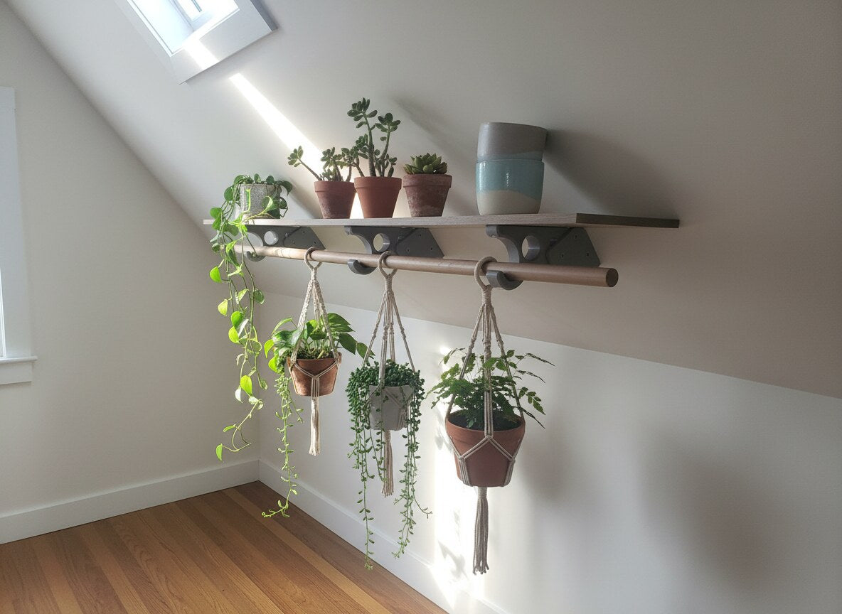 Adjustable Angled Shelf Bracket for Slanted Walls — Attic Closet Organizer with Hanging Rod | 3D Printed (Pair)