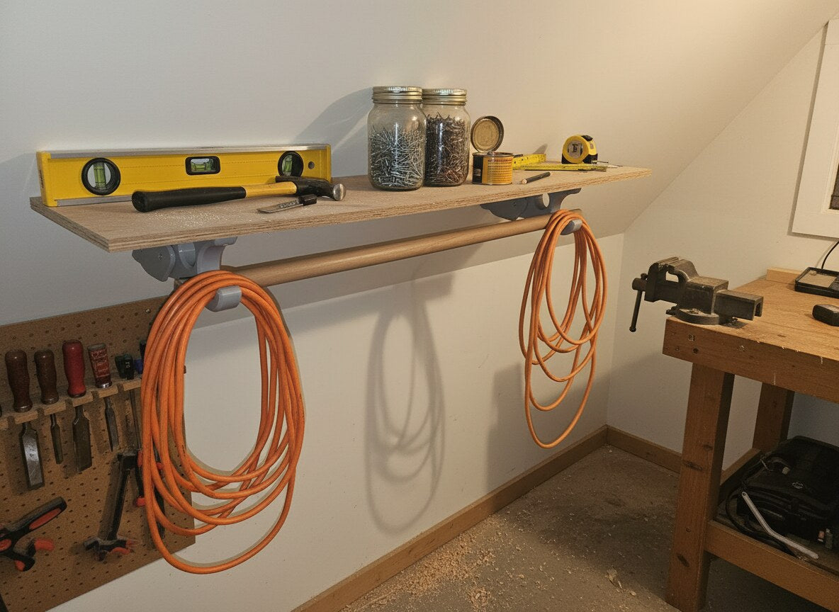 Adjustable Angled Shelf Bracket for Slanted Walls — Attic Closet Organizer with Hanging Rod | 3D Printed (Pair)