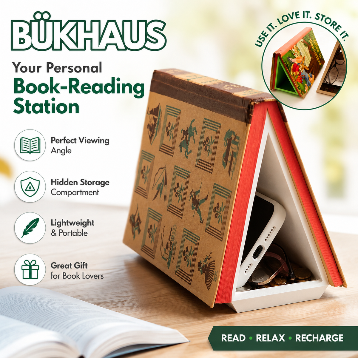 BÜKHAUS – Portable Book Holder with Storage – Travel Book Stand & Spine Saver Unique Gift for Readers and Book Lovers