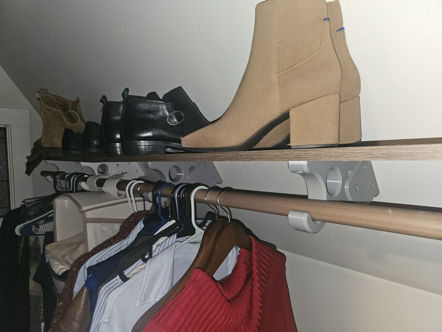 Adjustable Angled Shelf Bracket for Slanted Walls — Attic Closet Organizer with Hanging Rod | 3D Printed (Pair)