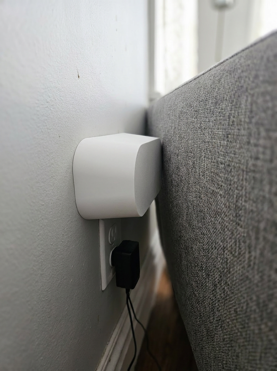 Couch Spacer mounted vertically between upholstered furniture and the wall, above a powered outlet