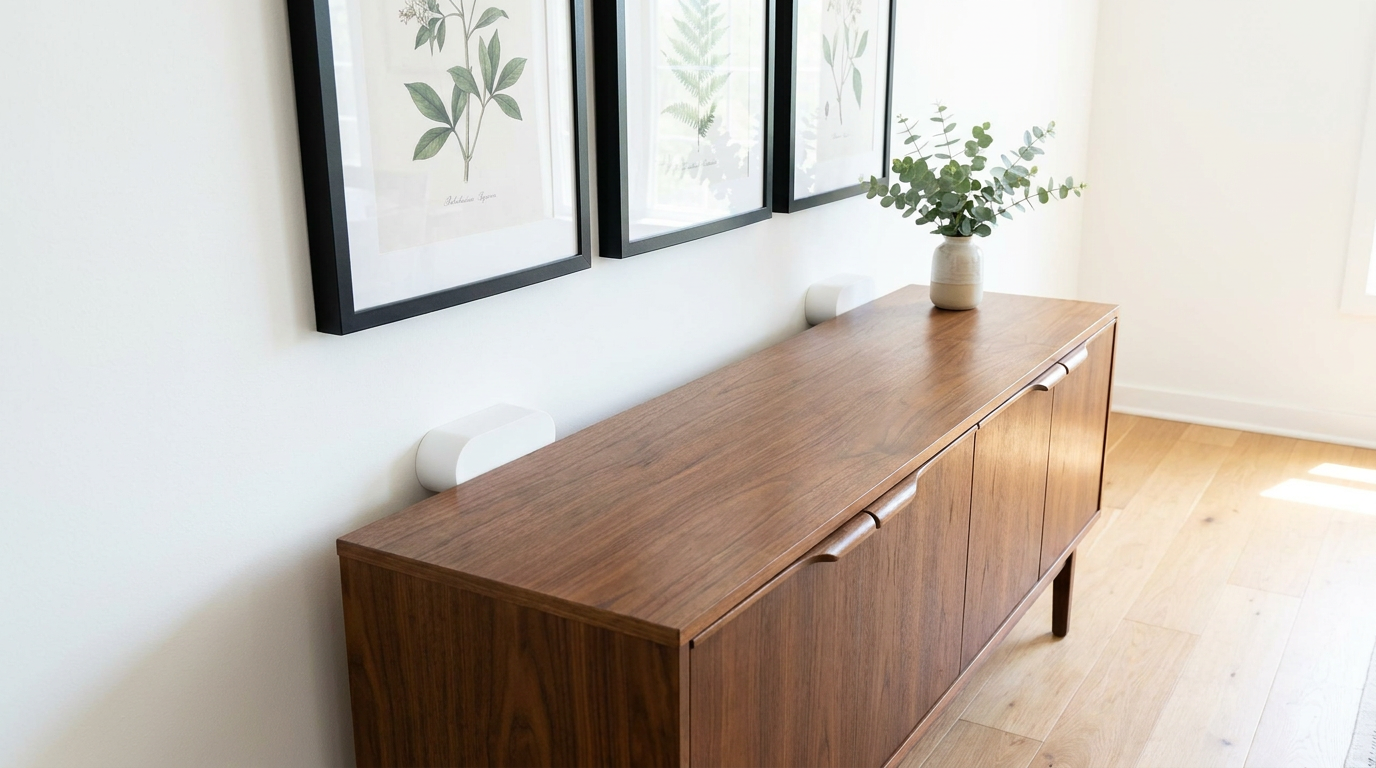White Couch Spacers keeping a walnut credenza a fixed distance off the wall