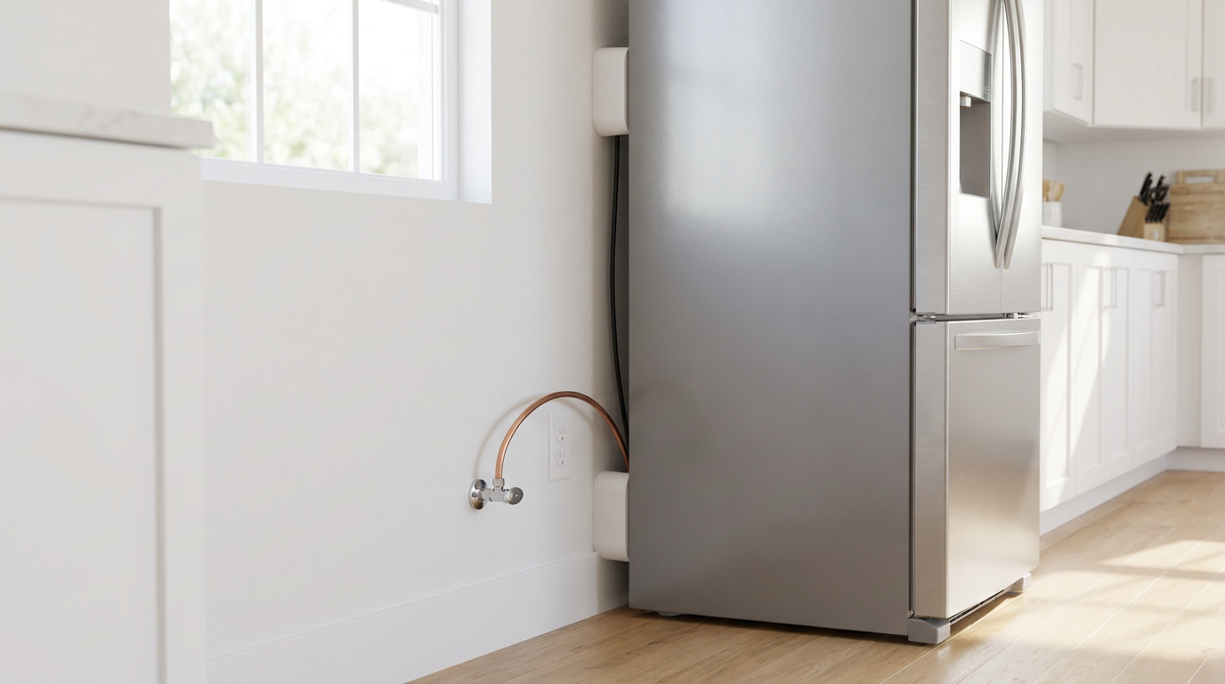 Couch Spacers creating safe clearance behind a stainless refrigerator, protecting the water line